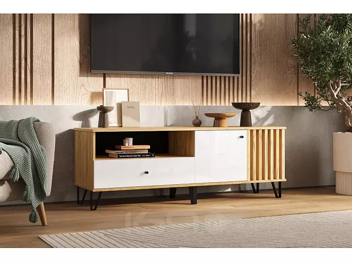 Роджина Тумба ТВ (1500) (Белый глянец, Дуб Крафт)