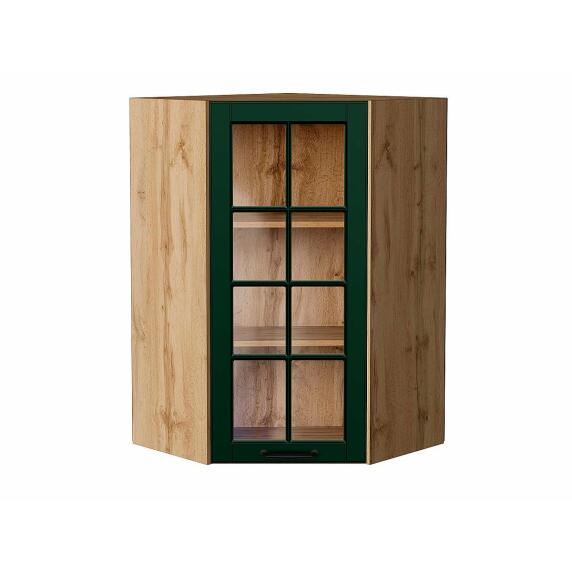Шкаф верхний угловой остекленный Дублин Special Green/Дуб Вотан 920*600*600