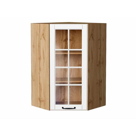 Шкаф верхний угловой остекленный Дублин Special White/Дуб Вотан 920*600*600
