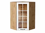 Шкаф верхний угловой остекленный Дублин Special White/Дуб Вотан 920*600*600