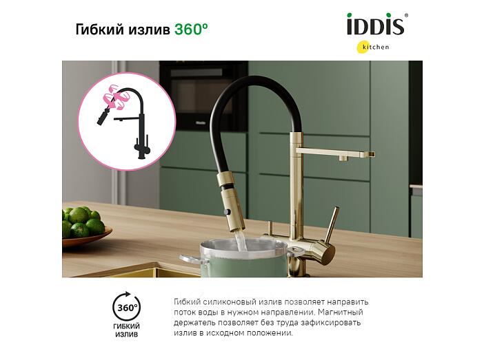 Смеситель для кухни с фильтром и гибким изливом, матовое золото, Ace, IDDIS, ACEMGFFi05