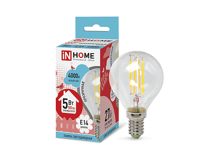 Лампа светодиодная LED-ШАР-deco 5Вт 230В Е14 4000К 450Лм прозрачная IN HOME