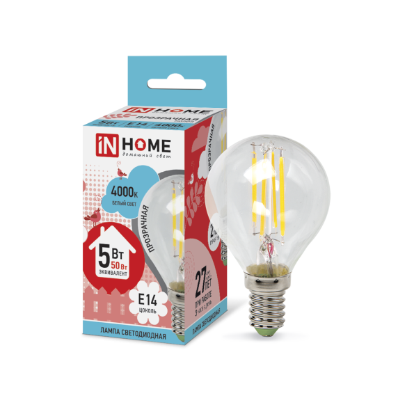 Лампа светодиодная LED-ШАР-deco 5Вт 230В Е14 4000К 450Лм прозрачная IN HOME