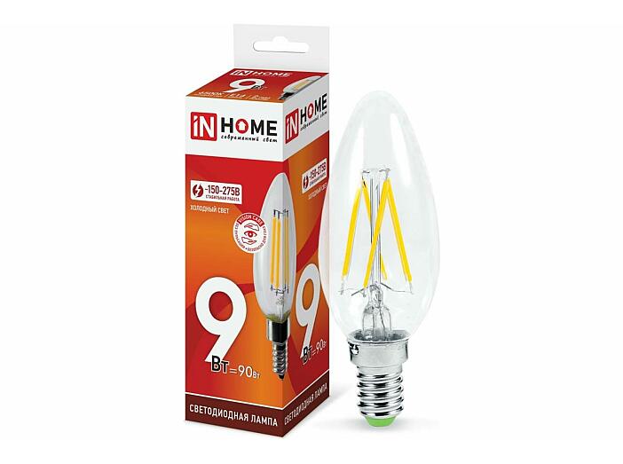 Лампа светодиодная LED-СВЕЧА-deco 9Вт 230В Е14 6500К 810Лм прозрачная IN HOME