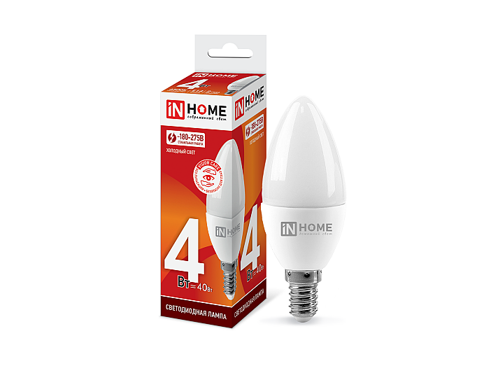 Лампа светодиодная LED-СВЕЧА-VC 4Вт 230В Е14 6500К 360Лм IN HOME