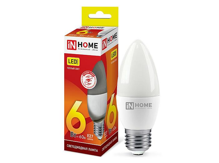 Лампа светодиодная LED-СВЕЧА-VC 6Вт 230В Е27 3000К 540Лм IN HOME