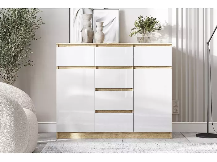 Челси Комод 1200 (2 двери 6 ящиков) (Белый Глянец, Дуб Сонома)