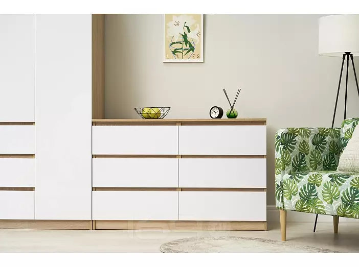 Челси Комод 1202 (6 ящиков) (Ш) (Белый глянец, дуб сонома)