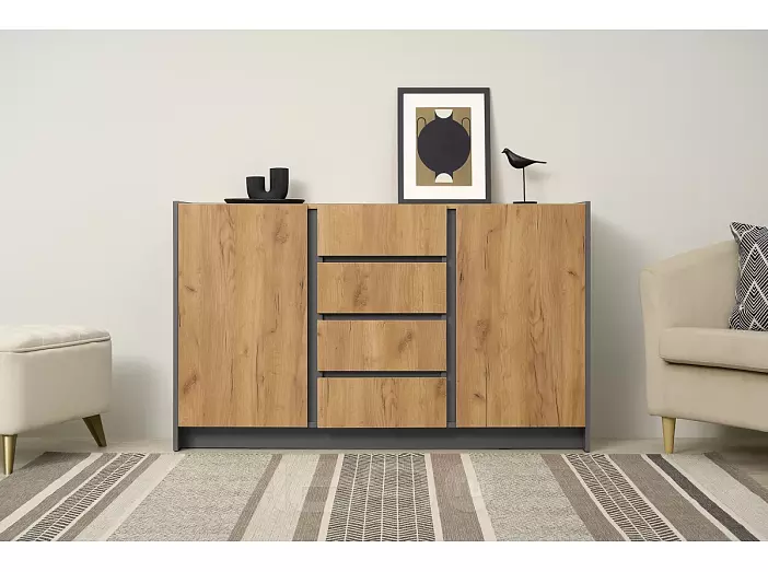 Остин Комод 1400 (2 двери 4 ящика) (Дуб крафт, Графит)