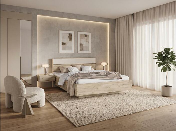 Кровать Роджина с подсветкой без обивки кашемир, дуб крафт серый без П/М 160x200, изголовье жесткое