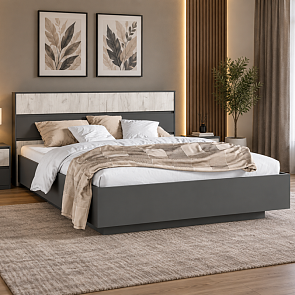 Кровать Роджина без обивки дуб крафт белый, графит без П/М 160x200, изголовье жесткое