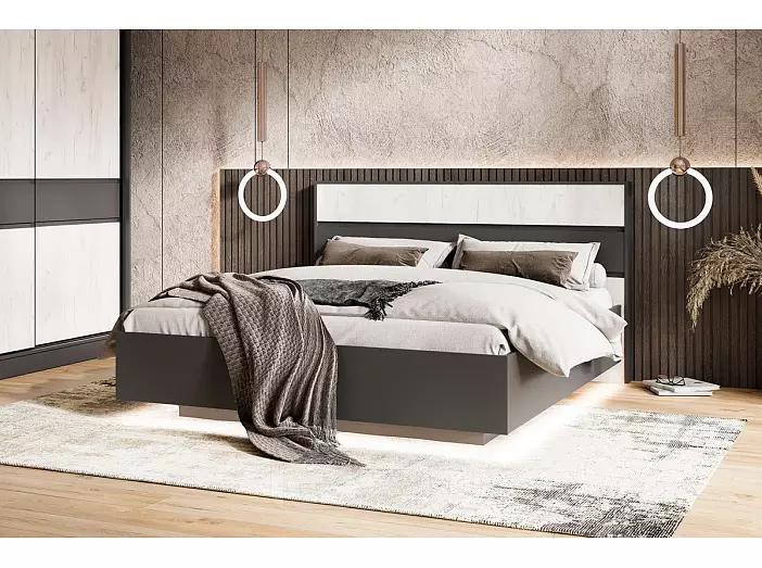 С/Г Роджина Кровать парящая 1,6м (ортопед металл) с подсветкой (Дуб Крафт Белый, Графит)