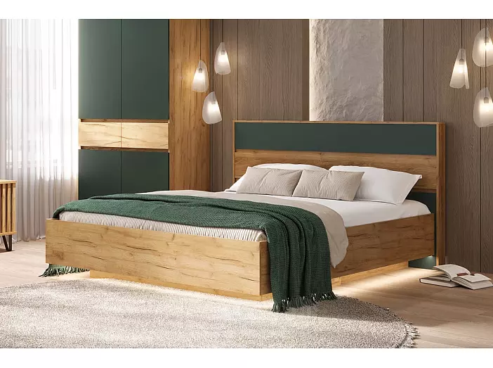 С/Г Роджина Кровать парящая 1,6м (ортопед металл) с подсветкой (Изумрудный/Дуб крафт, Дуб крафт)