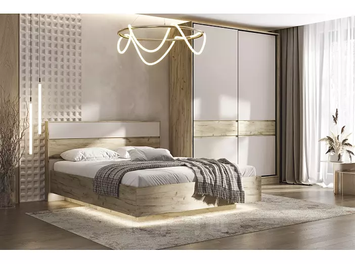 С/Г Роджина Кровать парящая 1,6м (ортопед металл) с подсветкой (Кашемир/Дуб Крафт серый, Дуб Крафт серый)