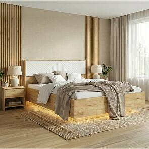 Кровать Флэш с подсветкой без обивки браш вайт/дуб крафт С П/М 1600x2000, ортопедическое основание, изголовье жесткое