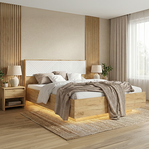 Кровать Флэш с подсветкой без обивки браш вайт/дуб крафт С П/М 1600x2000, ортопедическое основание, изголовье жесткое