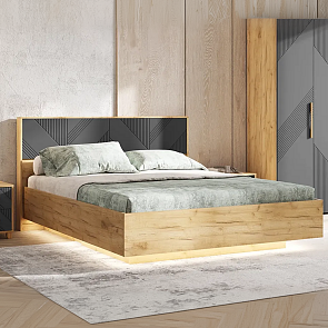 С/Г Ирис Кровать парящая 1,6м с ПМ с подсветкой (Браш Графит/Дуб Крафт, Дуб Крафт)