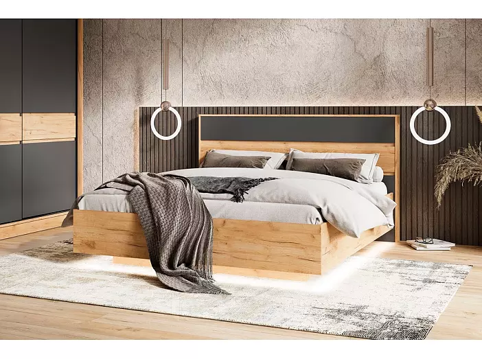 С/Г Роджина Кровать парящая 1,6м с ПМ с подсветкой (Графит/Дуб Крафт, Дуб Крафт)
