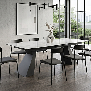Стол стеклянный Денхольм 240(290)х100х75 белый мрамор / черный