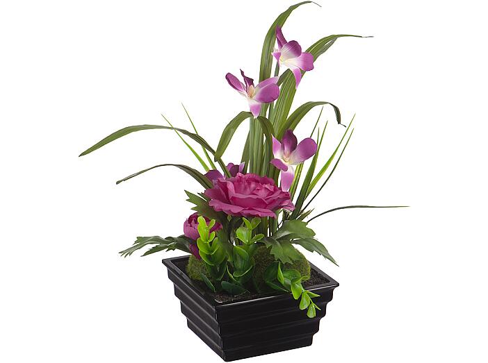 Орхидеи и лютики в пластмассовом горшке, Д115 Ш115 В230, фиолетовый