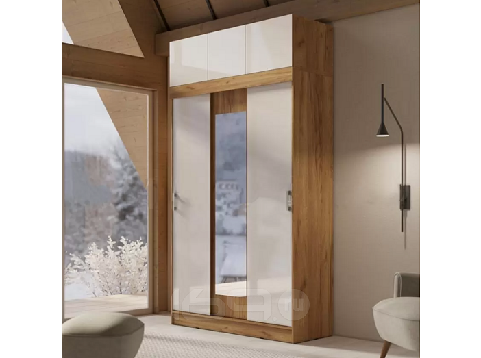 Бася/Роджина Шкаф с антресолью (Белый глянец холодный/Дуб крафт)