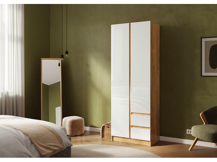 Келвин Шкаф 2-х ств. (800) с ящиками (Белый Глянец, Дуб Крафт)