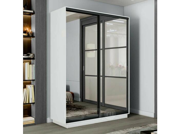 Шкаф Экспресс 2 2-х дверный Дуо Зеркало (Чёрный профиль) Белый снег 1200x2200x450