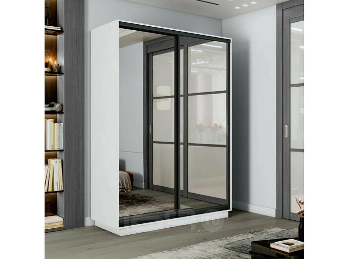 Шкаф Экспресс 2 2-х дверный Дуо Зеркало (Чёрный профиль) Белый снег 1400x2200x450