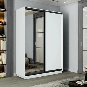 Шкаф Экспресс 2 2-х дверный Дуо Зеркало ЛДСП (Чёрный профиль) Белый снег 1600x2400x450