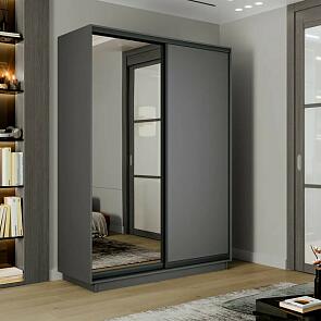 Шкаф Экспресс 2 2-х дверный Дуо Зеркало ЛДСП (Чёрный профиль) Серый Диамант 1400x2200x600