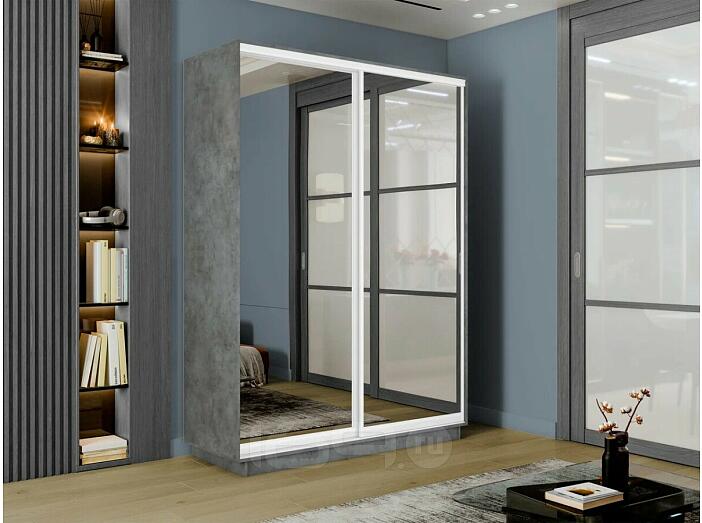 Шкаф Экспресс 2 2-х дверный Дуо Зеркало (Серебряный профиль) Бетон 1400x2400x600