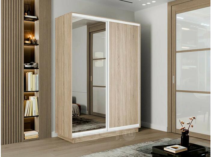 Шкаф Экспресс 2 2-х дверный Дуо Зеркало (Серебряный профиль) Дуб Сонома 1400x2400x600