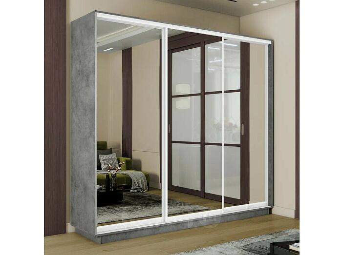 Шкаф Экспресс 2 3-х дверный Трио Зеркало (Белый профиль) Бетон 2100x2200x450