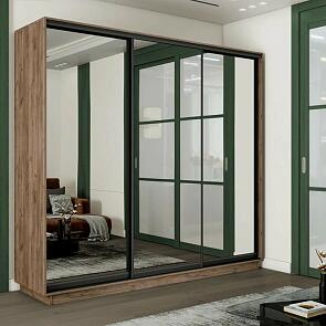 Шкаф Экспресс 2 3-х дверный Трио Зеркало (Чёрный профиль) Дуб Крафт Табачный 2100x2200x450