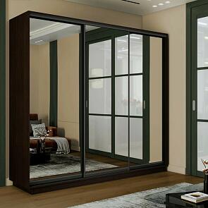 Шкаф Экспресс 2 3-х дверный Трио Зеркало (Чёрный профиль) Венге 2400x2200x600