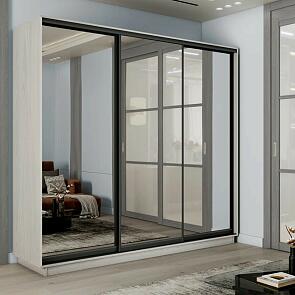 Шкаф Экспресс 2 3-х дверный Трио Зеркало (Чёрный профиль) Ясень Анкор светлый 1800x2400x450