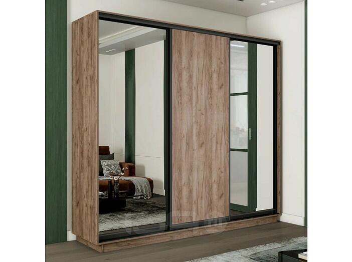 Шкаф Экспресс 2 3-х дверный Трио Зеркало ЛДСП Зеркало (Чёрный профиль) Дуб Крафт Табачный 1800x2200x450