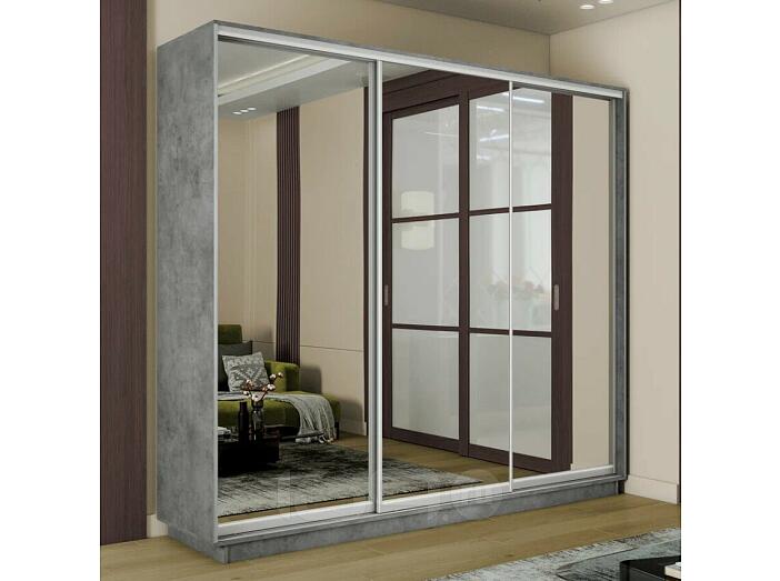 Шкаф Экспресс 2 3-х дверный Трио Зеркало (Серебряный профиль) Бетон 2400x2200x450