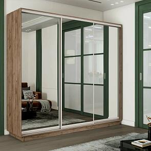 Шкаф Экспресс 2 3-х дверный Трио Зеркало (Серебряный профиль) Дуб Крафт Табачный 2100x2200x600