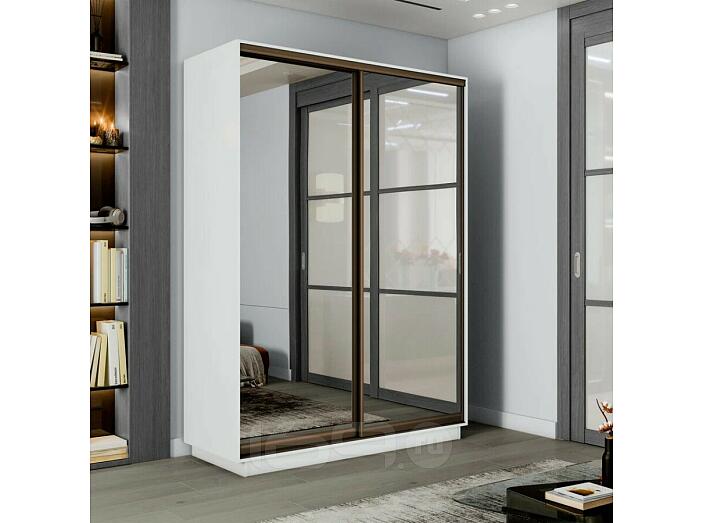 Шкаф Экспресс 2 Широкий 2-х дверный Дуо Зеркало (Бронзовый профиль) Белый снег 1800*2400*450