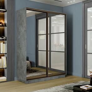 Шкаф Экспресс 2 Широкий 2-х дверный Дуо Зеркало (Бронзовый профиль) Бетон 1800*2200*600