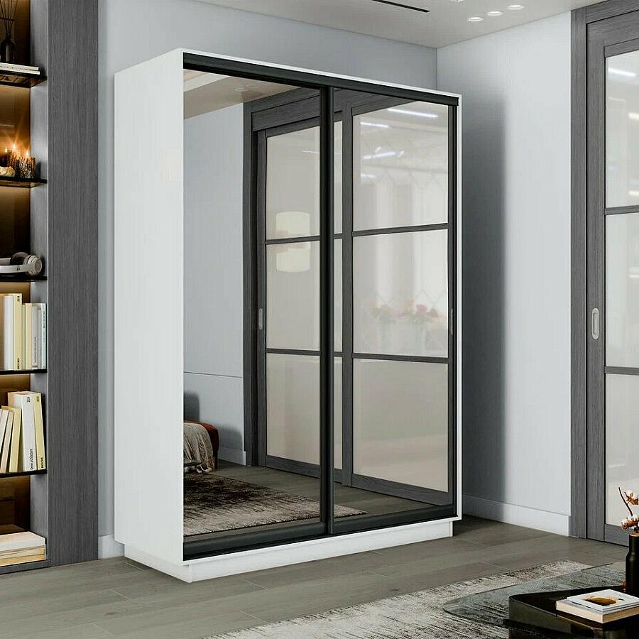 Шкаф Экспресс 2 Широкий 2-х дверный Дуо Зеркало Чёрный профиль Белый снег 18002400600 42760₽