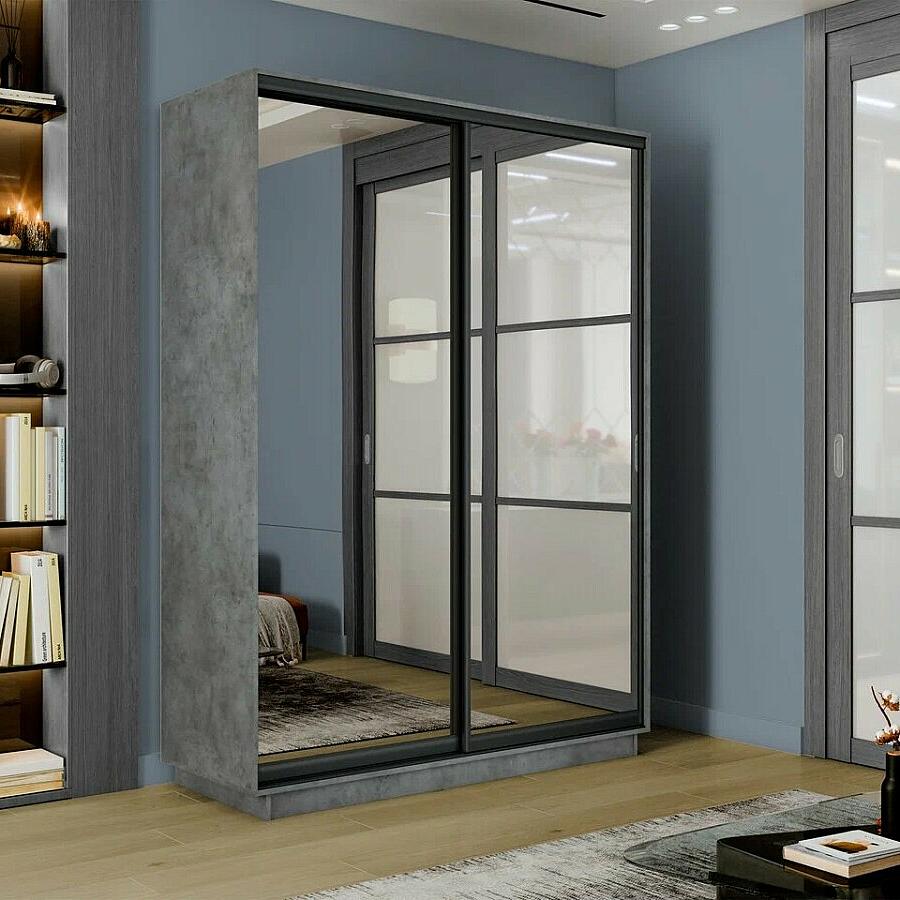 Шкаф Экспресс 2 Широкий 2-х дверный Дуо Зеркало Чёрный профиль Бетон 18002400600 42760₽