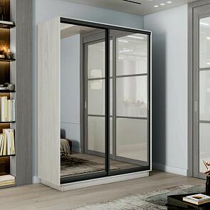 Шкаф Экспресс 2 Широкий 2-х дверный Дуо Зеркало (Чёрный профиль) Ясень Анкор светлый 1800*2200*450