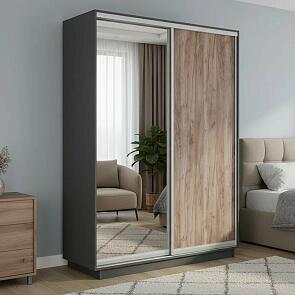 Шкаф Экспресс 2х-дверный Дуо ЛДСП Зеркало Серый Диамант/Крафт табачный 1600x2200x450