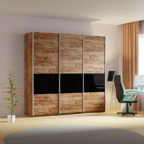 Шкаф-купе Прайм Премиум 3-х дверный (фасад дсп/стекло черное) Серебряный профиль Крафт Табачный