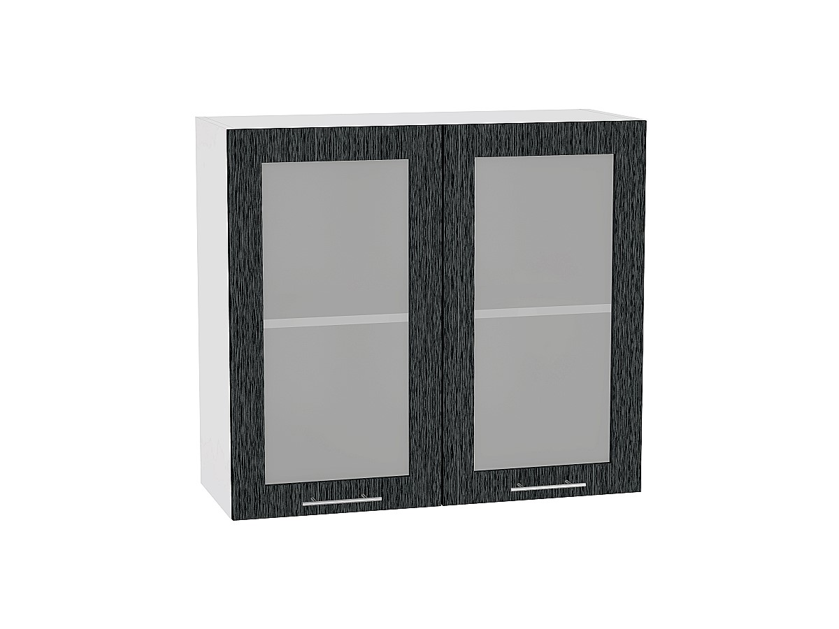 Шкаф верхний с 2-мя остекленными дверцами Валерия-М В 809 Черный металлик дождь-Белый