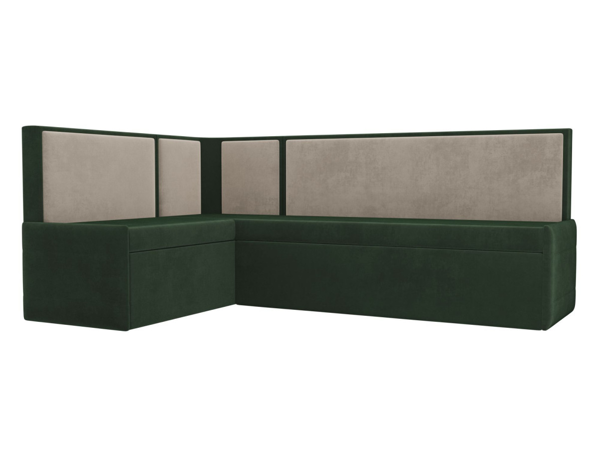 Кухонный угловой диван Кристина левый (основа велюр зеленый, компаньон велюр бежевый)