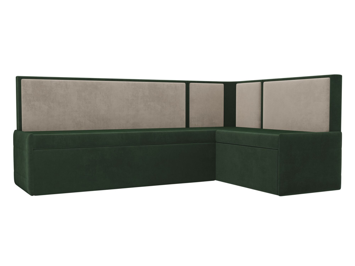 Кухонный угловой диван Кристина правый (основа велюр зеленый, компаньон велюр бежевый)