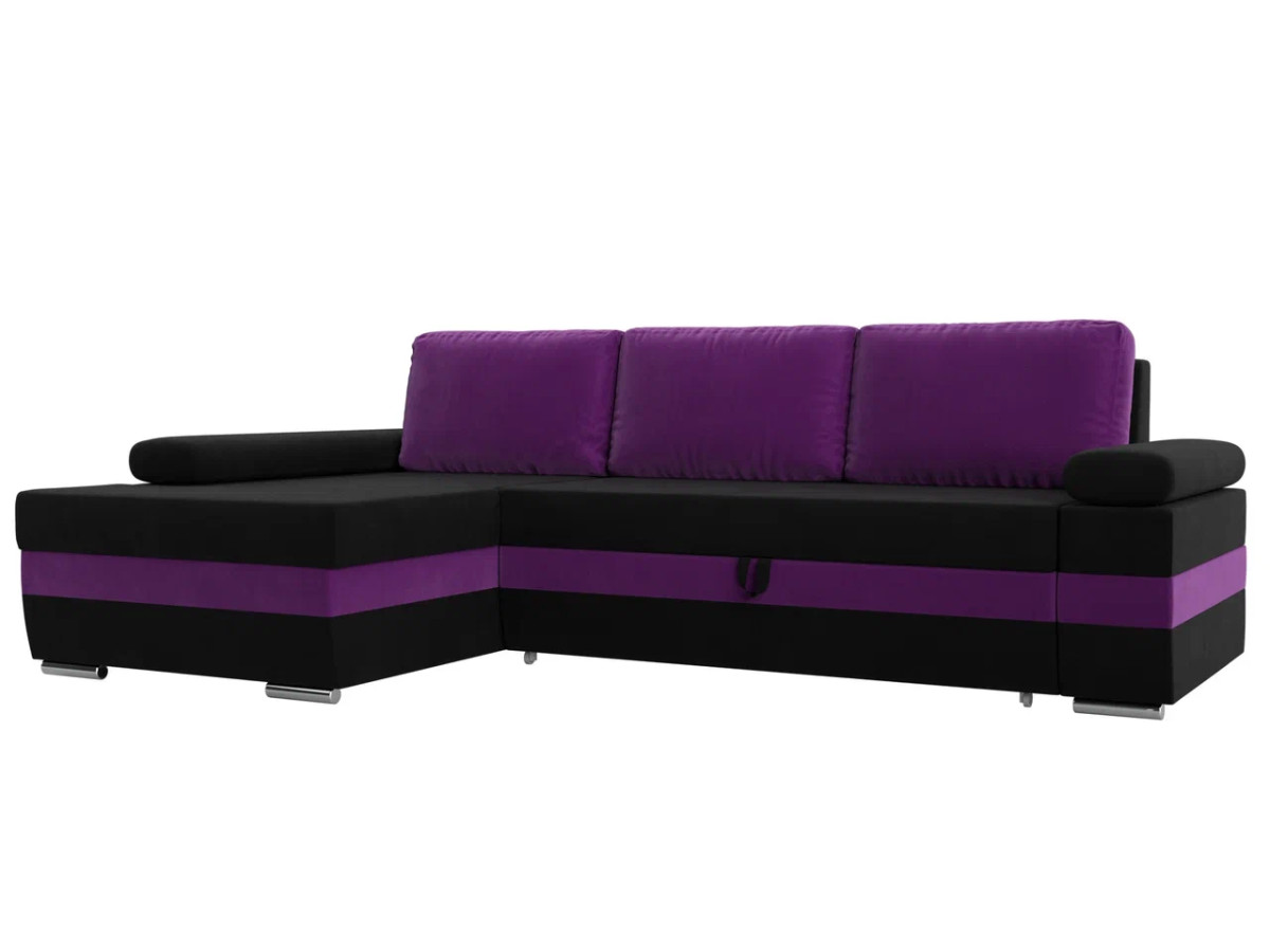 Угловой диван Канкун левый угол основа Микровельвет Чёрный, вставка Микровельвет Фиолетовый, подушки Микровельвет Фиолетовый
